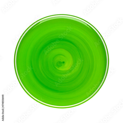Circular, vibrant green object on a black background, showing a swirling pattern and glossy rim