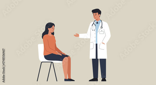 Medical professional consulting a patient. Doctor explains health information to woman. Healthcare appointment, check-up, and medical advice concept illustration