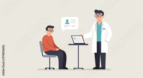 Healthcare professional explaining medical test results on a laptop to a patient during a clinic consultation, representing modern medicine and patient care