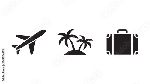 Set of travel icons including airplane palm trees and suitcase simple flat vector design for tourism and vacation planning isolated on white background
