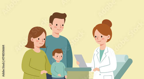 Caring female doctor provides compassionate medical advice and consultation to a family with a young child, emphasizing health, wellness, and preventative care in a friendly clinic environment