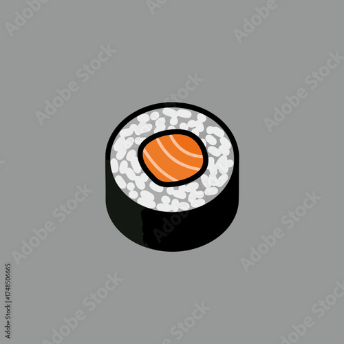 Minimalist Salmon Maki Sushi Roll Vector Illustration on Gray Background