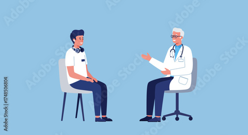 Professional medical consultation between a doctor and a young male patient, discussing health concerns and offering healthcare solutions in a calm, supportive environment