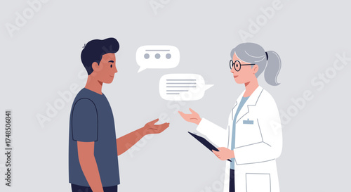 Professional medical consultation between a doctor and a patient, discussing health concerns and offering advice in a modern healthcare environment, promoting well-being and clear communication