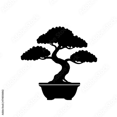 Elegant Black Silhouette Bonsai Tree Vector Illustration