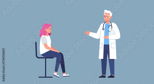 Caring healthcare professional provides medical consultation to a female patient, offering expert advice and discussing health concerns in a supportive clinical environment