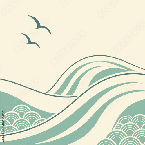 Vector art of stylized illustration of ocean waves and seagulls in a serene color palette, evoking a sense of calm, nature, and coastal beauty