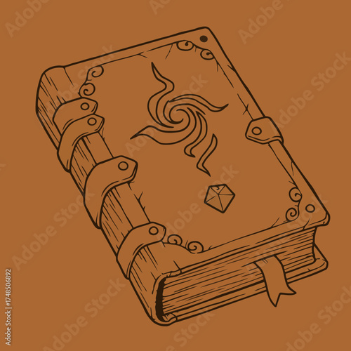 Ancient Mystical Spell Book Vector Illustration with Swirling Magic Symbol and Decorative Gemstone Detail