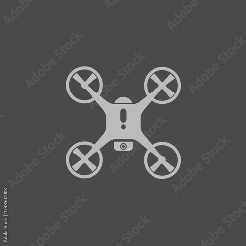 Minimalist Light Gray Quadcopter Drone Vector Illustration with Exclamation Mark and Camera Icon on Dark Background