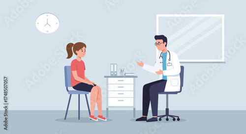 Medical Consultation Doctor Explaining Diagnosis to Young Patient in Office Setting