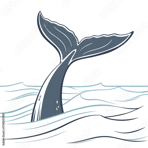Vector art of whale tail diving into the ocean, a majestic marine mammal gracefully entering the water, creating a splash and leaving ripples on the surface