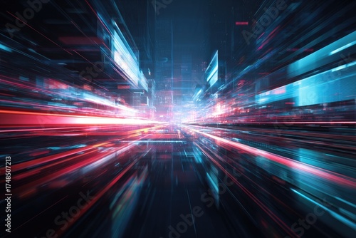A futuristic cityscape rendered with vibrant blue, red, and white light streaks, suggesting rapid movement