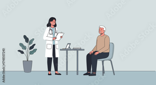Doctor Consulting With Elderly Patient In A Clinic Setting, Discussing Medical Information On Clipboard
