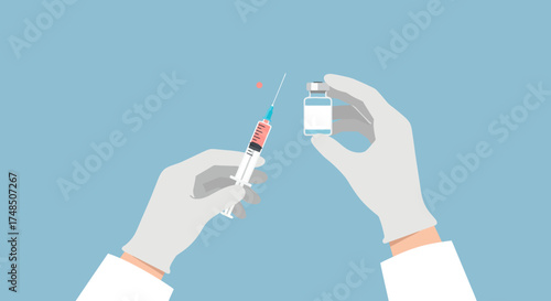 Hands in medical gloves preparing a syringe and vial for injection, symbolizing crucial healthcare, vaccination, or precise medication administration