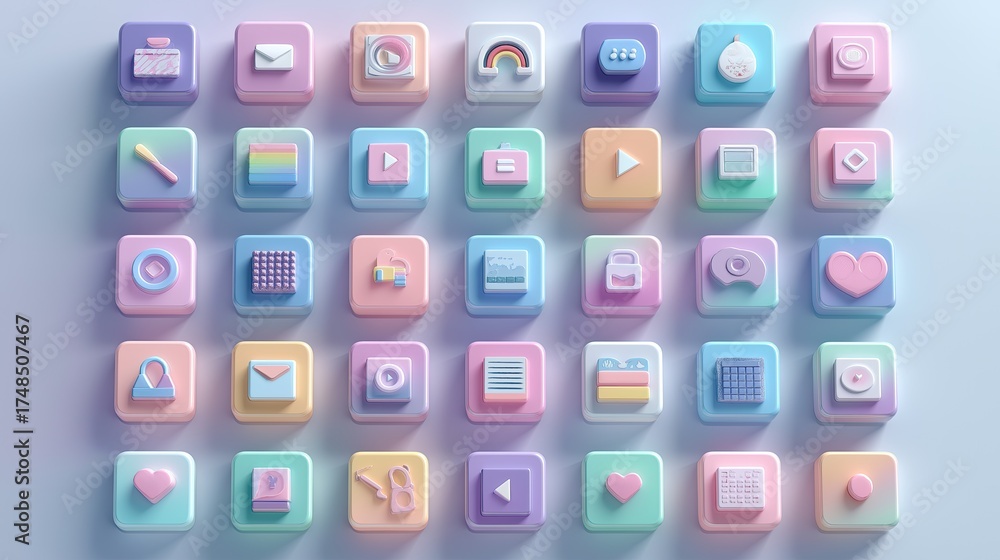 3D vector icons pack, gradient pastel style, clean modern UI elements