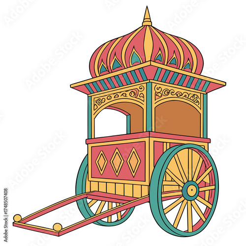 Colorful indian chariot with ornate details and a domed roof on white background