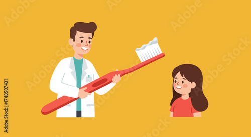 Dental Hygiene Education Dentist Teaches Young Girl Proper Brushing Techniques with Oversized Toothbrush