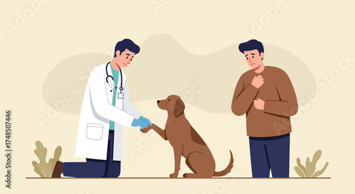 A concerned pet owner observes a professional veterinarian gently examining their beloved dog during a routine check-up, highlighting compassionate animal care and dedication to animal well-being
