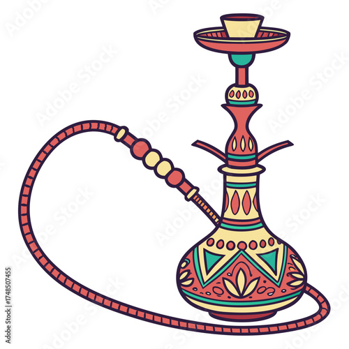 Colorful decorative hookah with ornate patterns and a long flexible hose on a white background