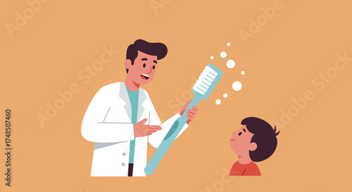 Dentist demonstrating proper toothbrushing technique to a child with dental hygiene illustration
