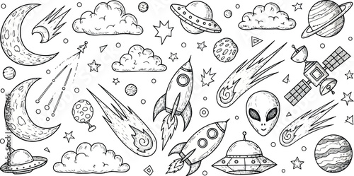 Vector art of cosmic collection of space elements including planets, rockets, and aliens