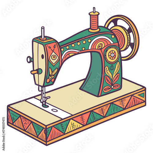 Vintage sewing machine with colorful folk art inspired decorative patterns and floral motifs