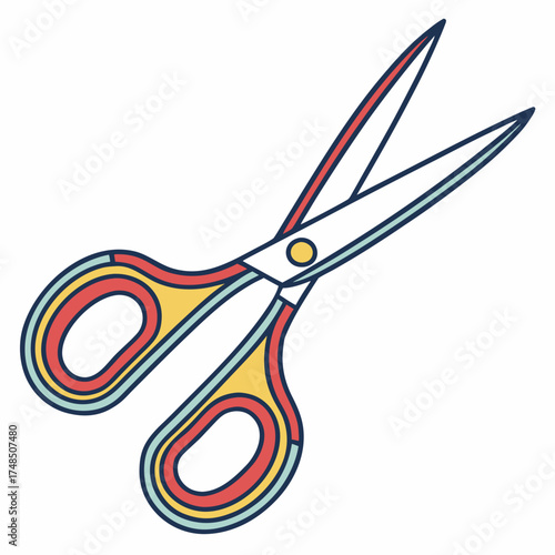 Colorful cartoon illustration of open scissors with red yellow and blue handles on a white background
