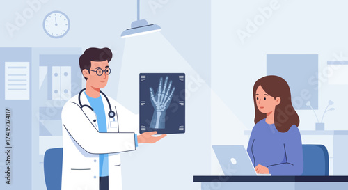 Male doctor in a clinic showing a hand x-ray to a female patient, explaining the diagnosis and medical results during a consultation