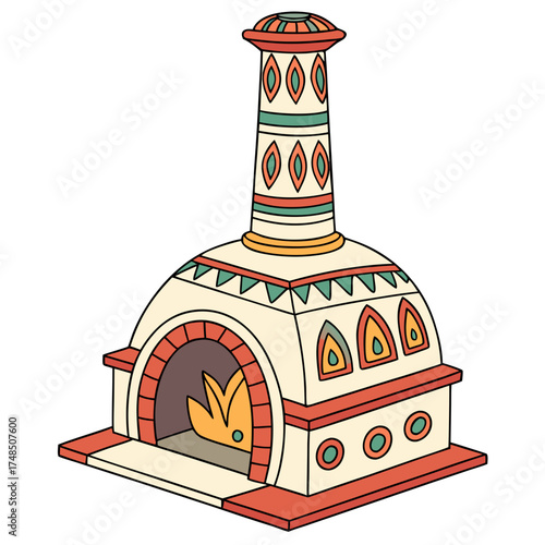 Colorful and decorative traditional oven with a chimney and visible flames inside