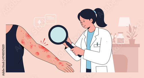 Medical professional with magnifying glass examining a patient's arm, illustrating a dermatology consultation for a skin rash or allergic reaction in a modern healthcare clinic setting