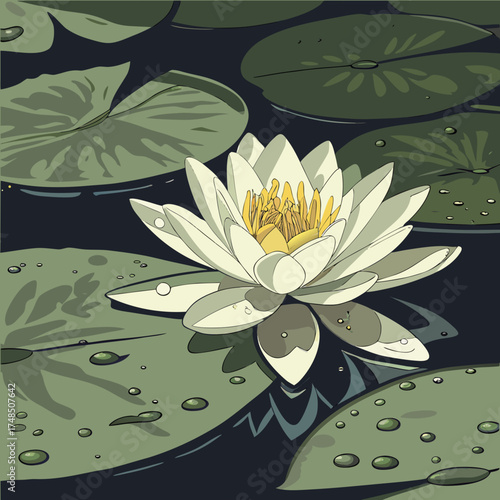 A beautiful white water lily with yellow center blooms on a dark pond surrounded by green lily pads