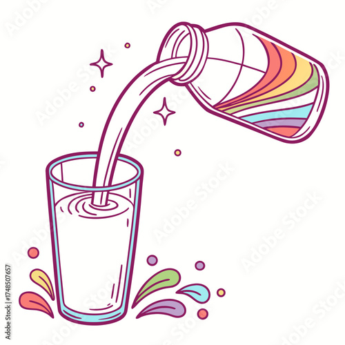 Rainbow liquid being poured from a bottle into a clear glass with colorful splashes and sparkles