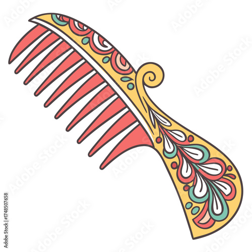 Decorative antique hair comb with ornate colorful patterns and red teeth isolated on white background