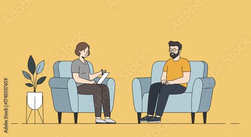 Psychologist consulting patient in comfortable chairs on yellow background, discussing mental health and well-being