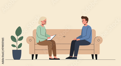 Mental health counseling session a female therapist provides support and guidance to a male client, focusing on emotional well-being and psychological health
