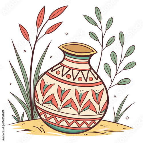 Decorative earthenware pot with floral patterns and surrounding foliage in a simple illustration style