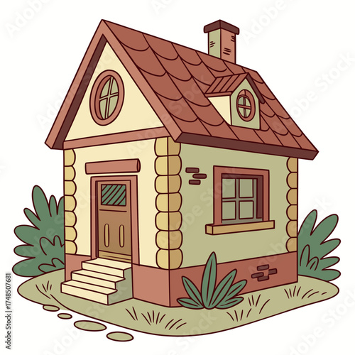 Charming cartoon illustration of a cozy cottage with a red tiled roof and green bushes
