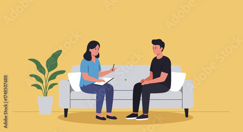 Therapist and Patient A Counseling Session on a Couch in a Calming Environment