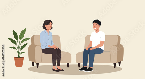 Two people sitting in chairs in a neutral, calm environment, possibly discussing issues or seeking advice