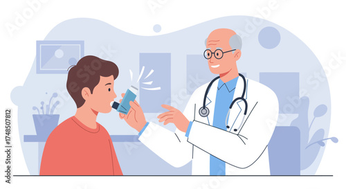 Healthcare professional guiding a young adult male patient on proper inhaler use for respiratory relief and asthma management during a medical consultation in a clinic setting