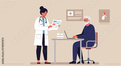 Female doctor in a white coat discusses medical test results with an elderly male patient during a consultation in her office