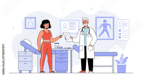 Senior male doctor providing medical consultation and advice to a young athletic woman in a modern clinic office