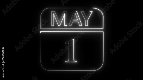 Neon calendar icon showing May 1st on a black background date month