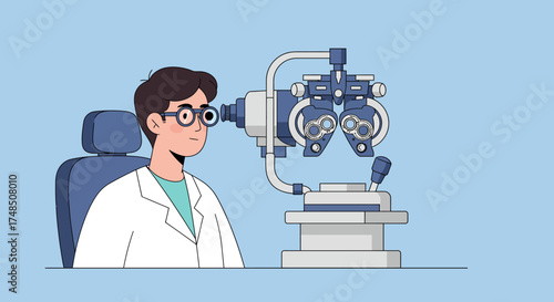 Ophthalmologist examining a patient's eyes with a phoropter in a modern clinic