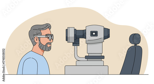 Mature man with glasses undergoing a comprehensive eye examination using specialized ophthalmic equipment for vision assessment