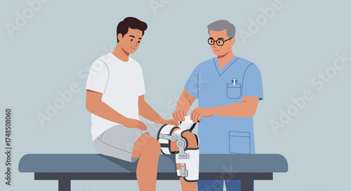Physiotherapist assisting a patient with knee brace for injury rehabilitation and care in medical treatment