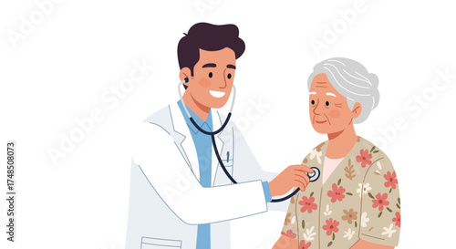 Caring Doctor Checking Elderly Patient's Heart with Stethoscope