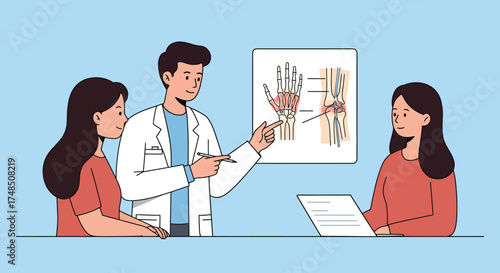 Doctor explaining skeletal anatomy diagrams to female patients in a medical consultation, providing education on orthopedic health, diagnosis, and treatment planning