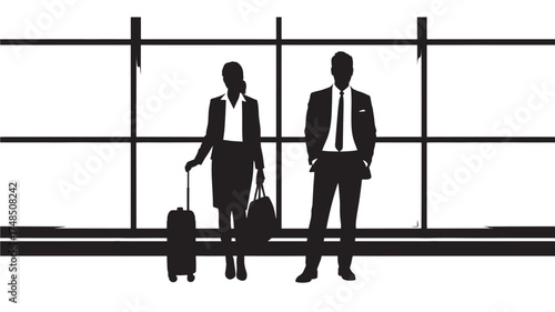 Silhouetted business travelers man and woman with luggage standing in front of a large window vector illustration