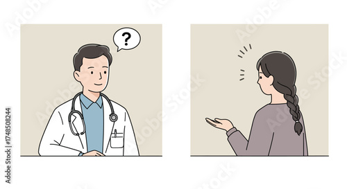 A female patient explaining her symptoms and medical condition to a confused male doctor during a consultation